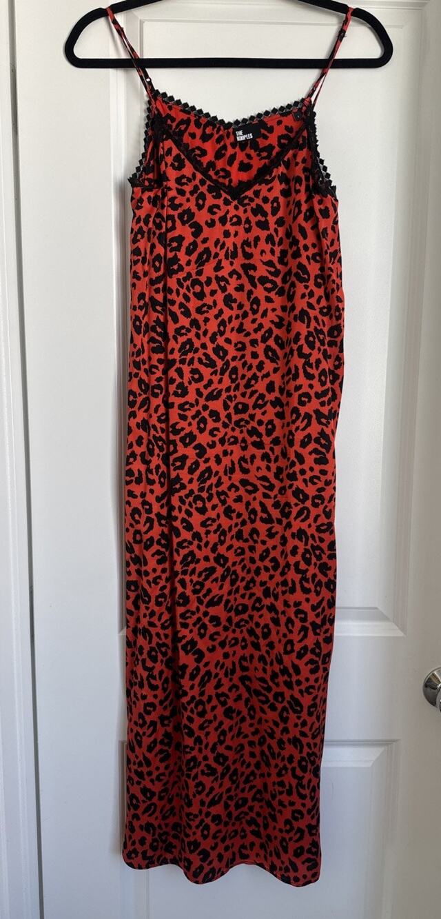 The Kooples Dress Red Orange Leopard Print Lace Long Slip Midi Cami Women’s Sz 1